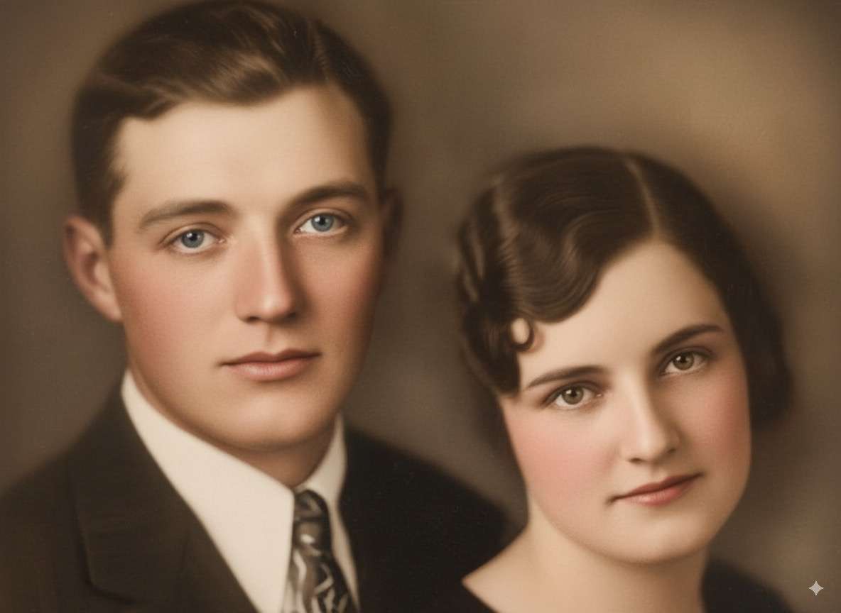 Vintage 1930s portrait of Frank and Lorine Sextro, original creators of 1932 OG rye whiskey recipe in Templeton, Iowa during Prohibition