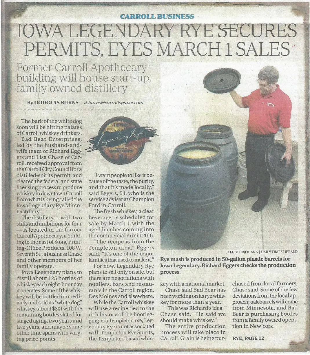 Carroll Business newspaper article about Iowa Legendary Rye securing distillery permits in 2014, marking the legal revival of 1932 OG Prohibition-era rye whiskey recipe in Carroll County