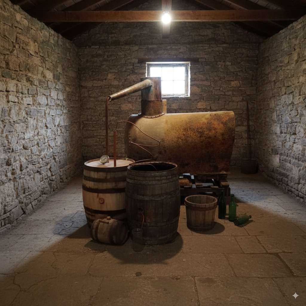Original 1932 Prohibition-era copper whiskey still recovered from Sextro family farm in Templeton, Iowa, now preserved as 1932 OG craft rye whiskey heritage artifact