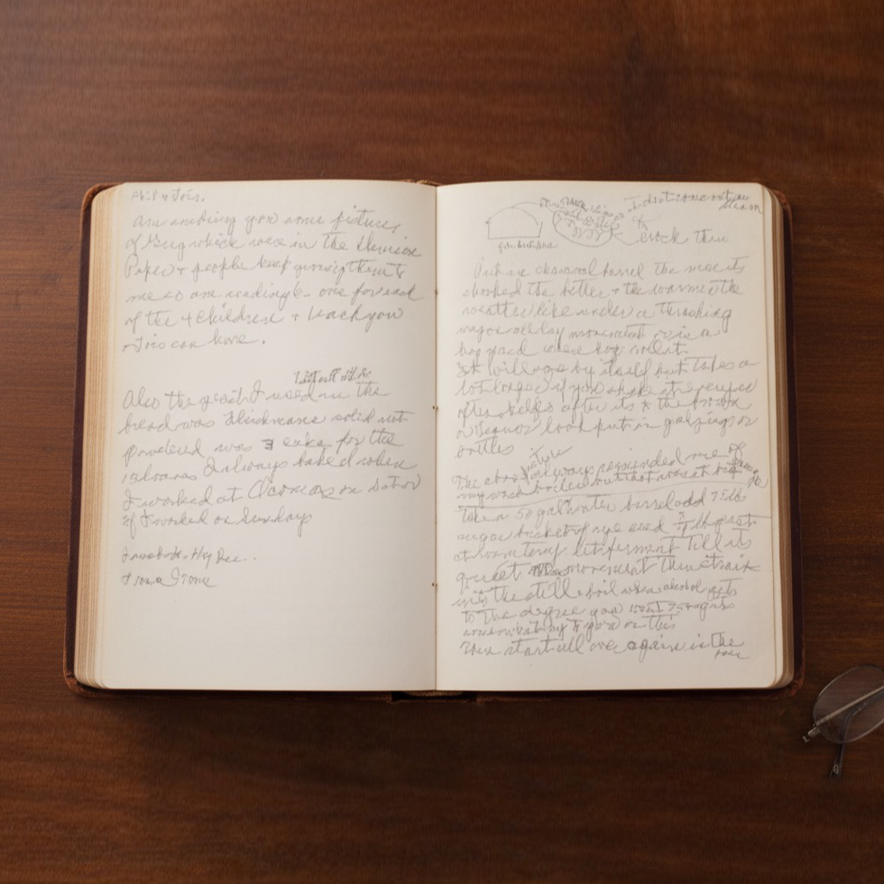 Original handwritten Prohibition-era rye whiskey recipe from Lorine Sextro's personal notebook, the foundation of 1932 OG craft rye whiskey from Templeton, Iowa